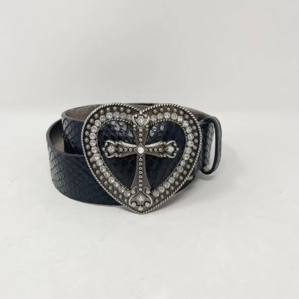 Y2K Guess Belt Wms Medium Heart Cross Silver Rhinestone Buckle Black Embossed